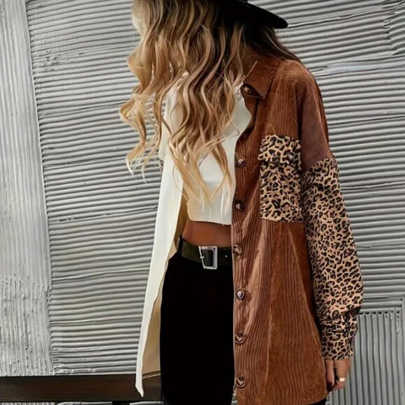 Oversized Colorblock Leopard Print Long Sleeve Button Up - Picture 2 of 4